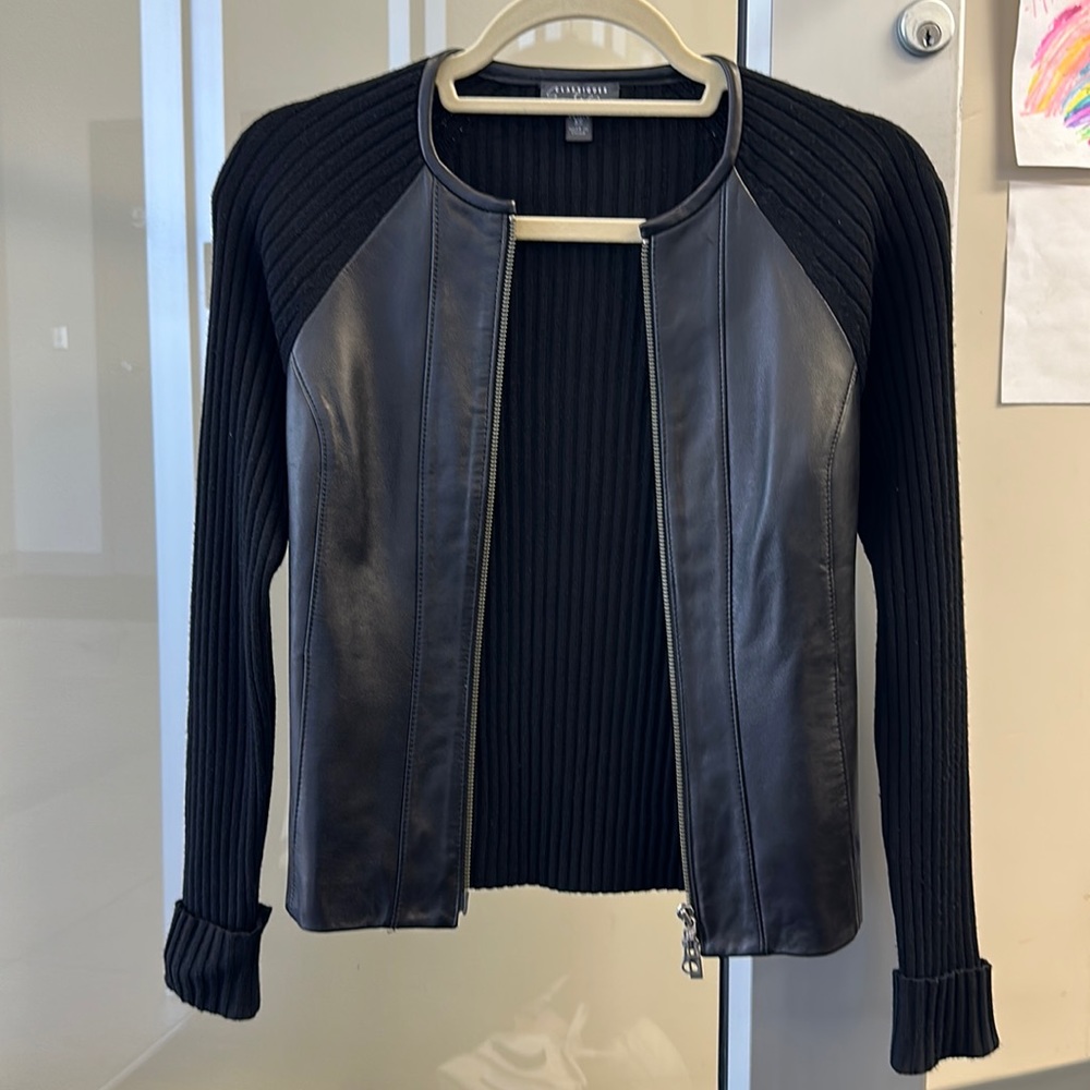 Black 100% Leather Front Body & Wool Jacket